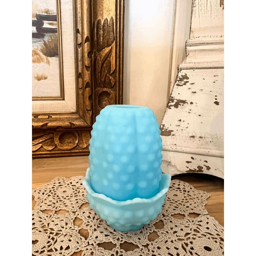 Vintage Fenton Blue Satin Hobnail Fairy Lamp — 2 Piece Glass Candle Holder